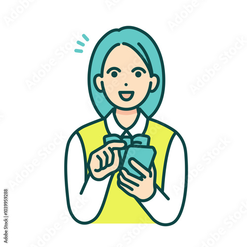 笑顔の女の子。ブレザー姿の女子高生がスマートフォンを手にしているイラスト。