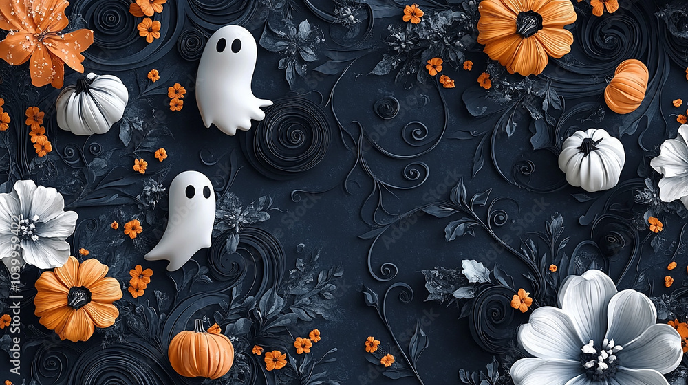 Halloween set with ghost, potion, branches, moon, crescent, leaves, pumpkins, stars, eyes and candies, sweets. Halloween card, vector illustration seamless pattern. Halloween set with ghost, potion, branches, moon, crescent, leaves, pumpkins, stars, eyes and candies, sweets. Halloween card, vector illustration seamless pattern.