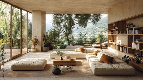 Cozy Beige Living Room with Modular Couch and Nature View