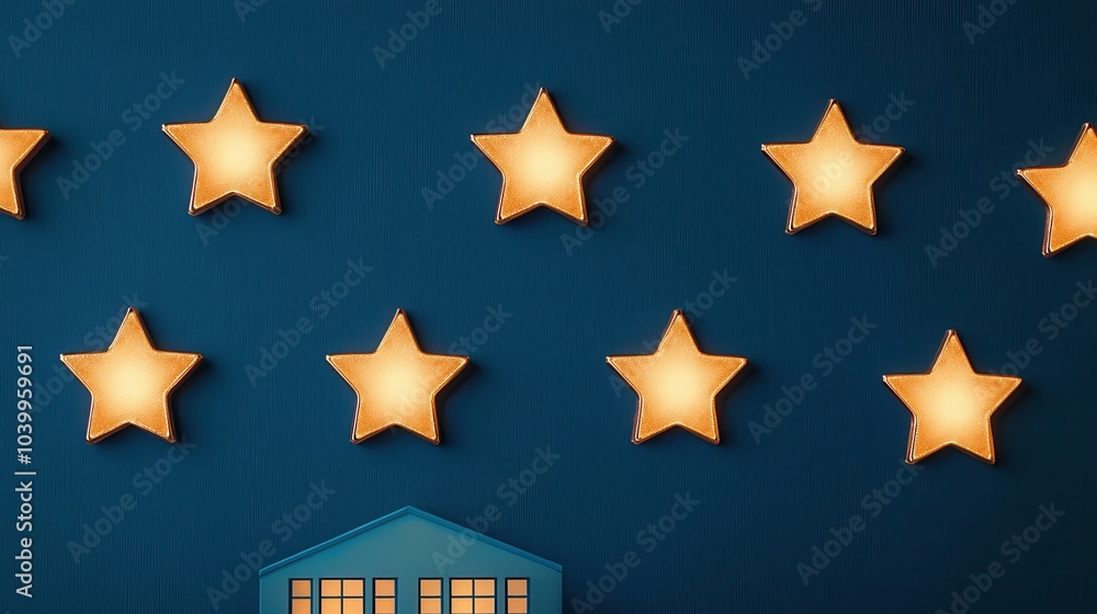 Fototapeta premium A cozy illustration of glowing stars against a dark blue background, with a small blue house adding to the serene, whimsical atmosphere.