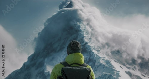 A Man Standing On Top Of A Snow Covered Mountain Looking At A Large Cloud Snowy Mountain Peak Panoramic Photography Mountains