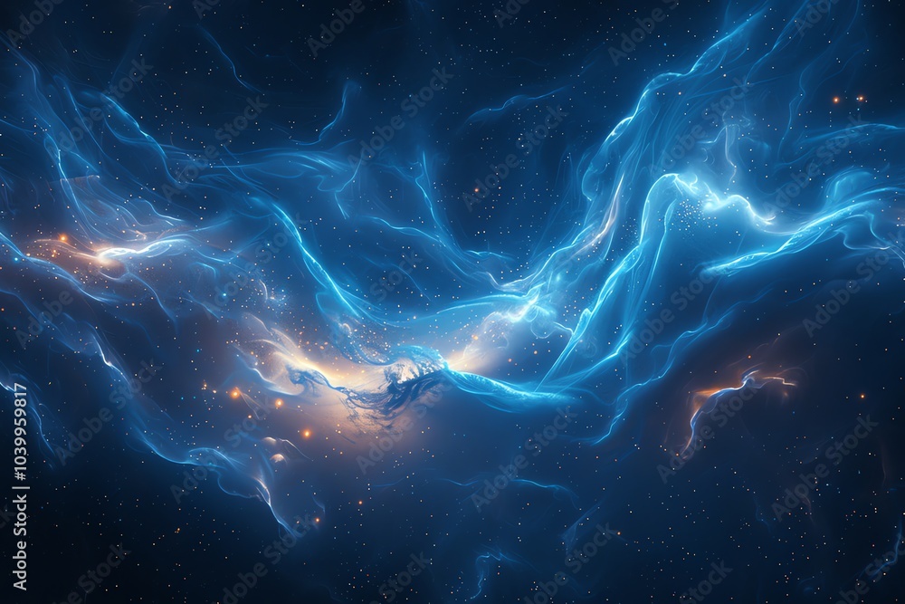 Abstract blue and orange glowing energy streaks in a dark starry background. Abstract blue and orange glowing energy streaks in a dark starry background.