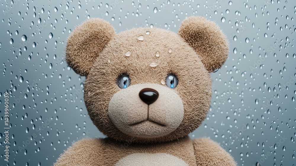 Soft teddy bear with blue eyes against a rainy window background. Soft teddy bear with blue eyes against a rainy window background.