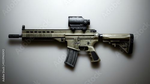 A tan assault rifle with a black scope, magazine, and grip.