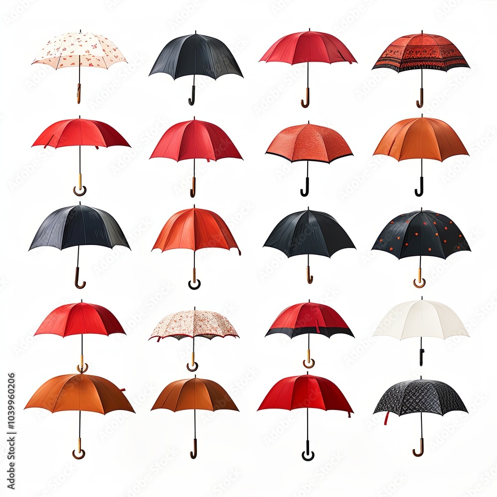 Set of umbrellas in various colors arranged in a grid pattern. Studio product photography. Set of umbrellas in various colors arranged in a grid pattern. Studio product photography.