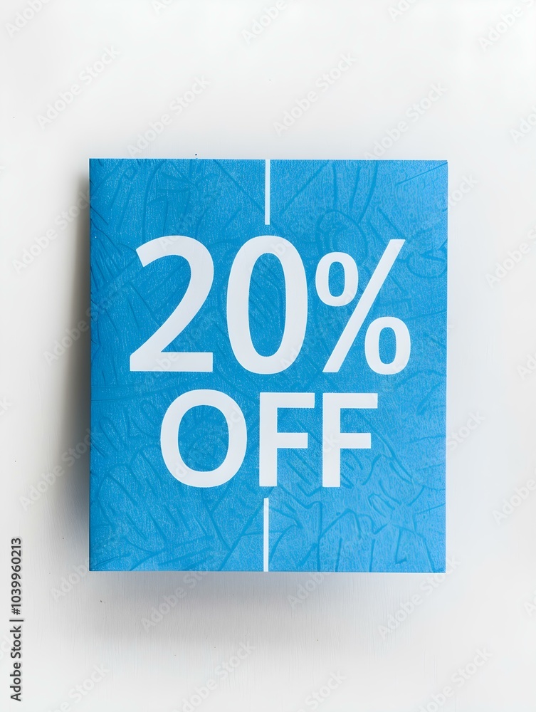 White '20% OFF' Text on a Blue Square Paper Note. White Background White '20% OFF' Text on a Blue Square Paper Note. White Background