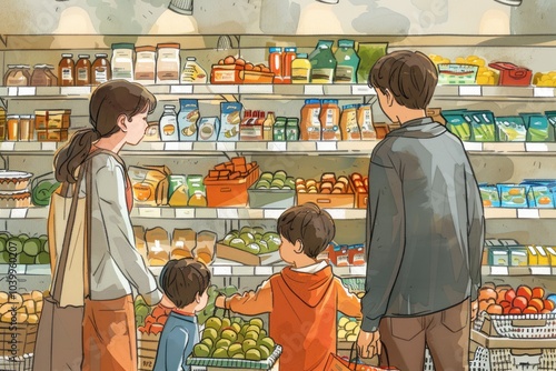Family shopping together in a grocery store, with children helping to pick items from the shelves. Illustration, family poster, family day