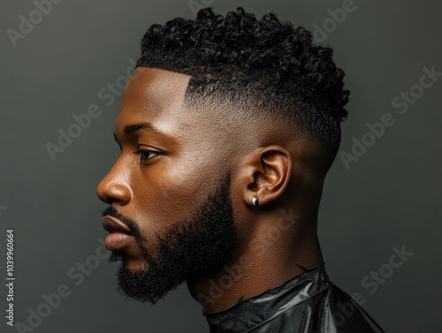 Profile of a Black Man with a Tapered Haircut and a Short Beard, Wearing a Black Barber Cape Against a Gray Background photo