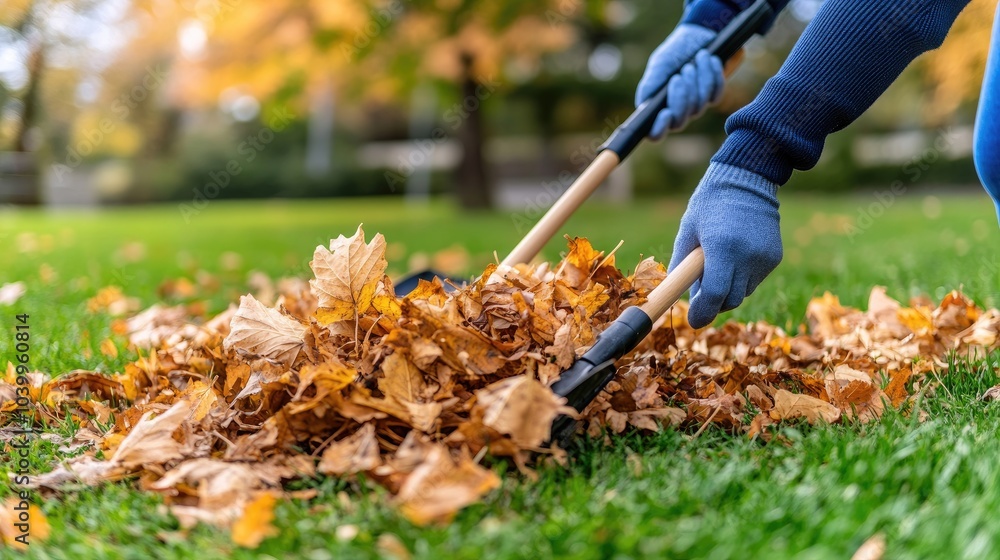 Obraz premium A woman wearing white gloves gathers colorful autumn leaves into a pile on a lush green lawn during a sunny day outside