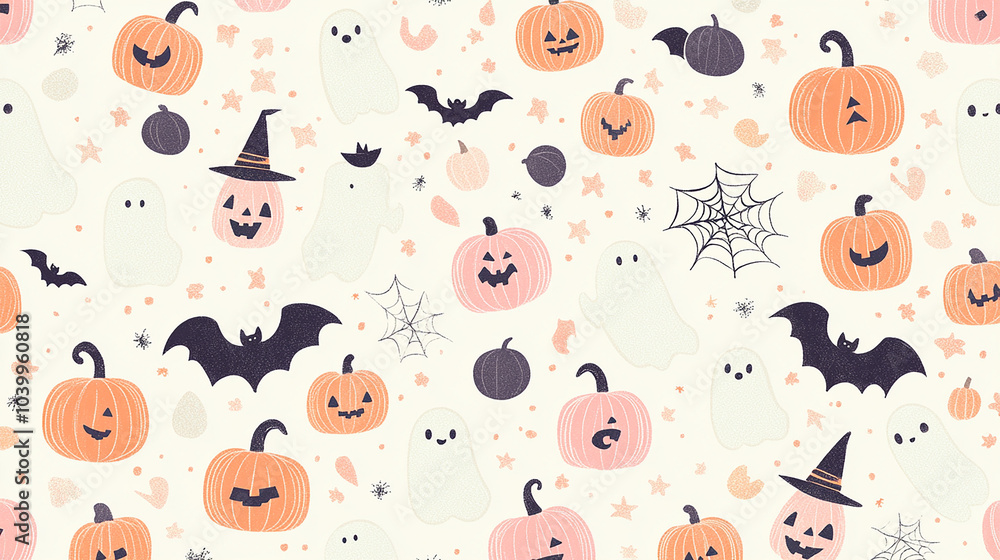 Fototapeta premium Pastel color vector seamless Halloween pattern with pumpkins, witch hats, cobwebs, spiders and candies isolated on a white background.