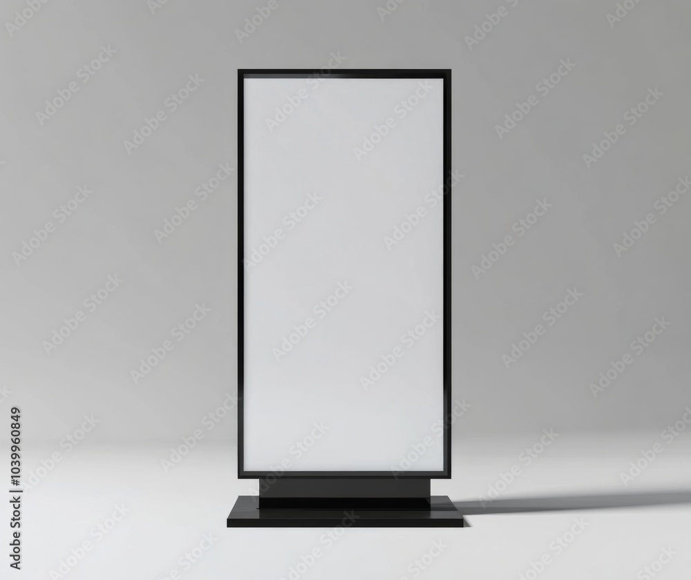 Minimalistic blank billboard on black base with metal frame standing on plain surface against white background. Minimalistic blank billboard on black base with metal frame standing on plain surface against white background.