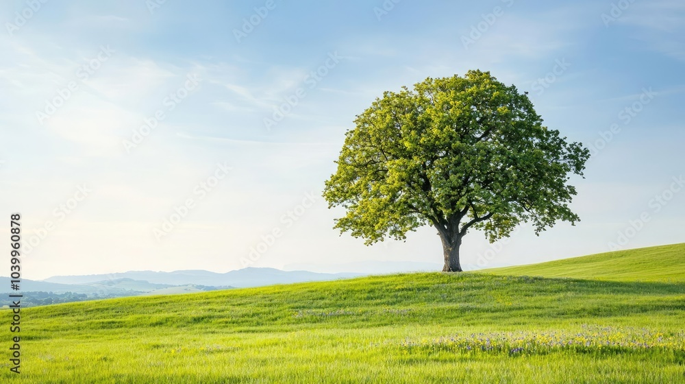 Lone green tree on a vast grassy hill under a bright blue sky. Lone green tree on a vast grassy hill under a bright blue sky.