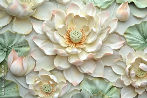 Close-up of large white lotus flowers with symmetrical arrangement, delicate petals, and intricate leaf patterns creating a beautiful floral design. photo