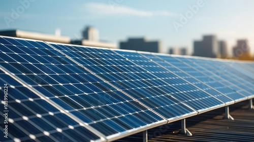 Close-up of solar panels with city in the background, bright and sunny day.