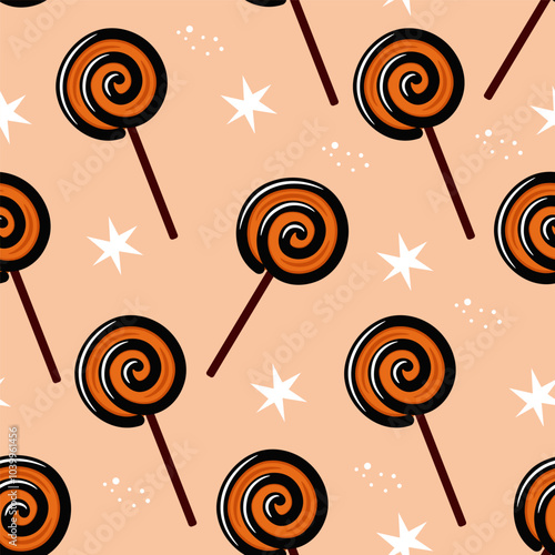 Seamless pattern with lollipops on pink background. Halloween sweets vector background