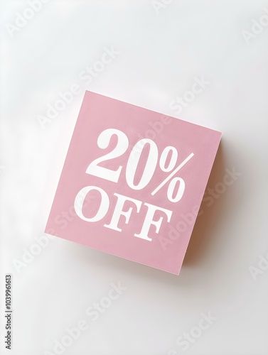 White '20% OFF' Text on a Blush Square Paper Note. White Background 