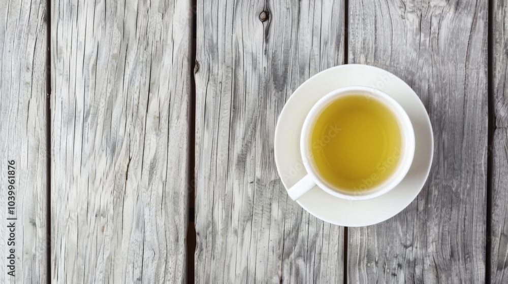 White cup with a yellow liquid in it sits on a wooden table White cup with a yellow liquid in it sits on a wooden table