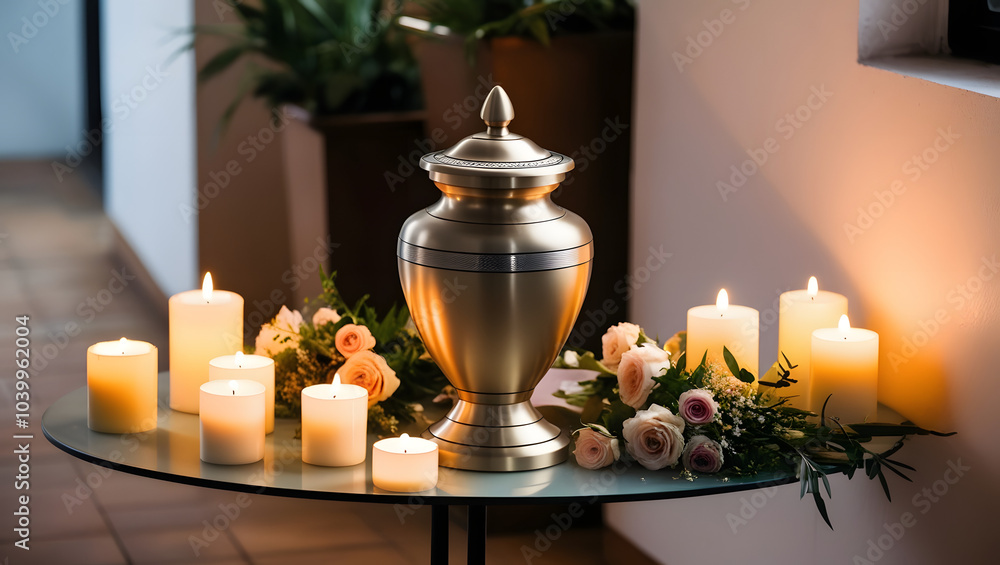 Sophisticated urn for ashes surrounded by candles and flowers, creating a peaceful memorial setting Sophisticated urn for ashes surrounded by candles and flowers, creating a peaceful memorial setting