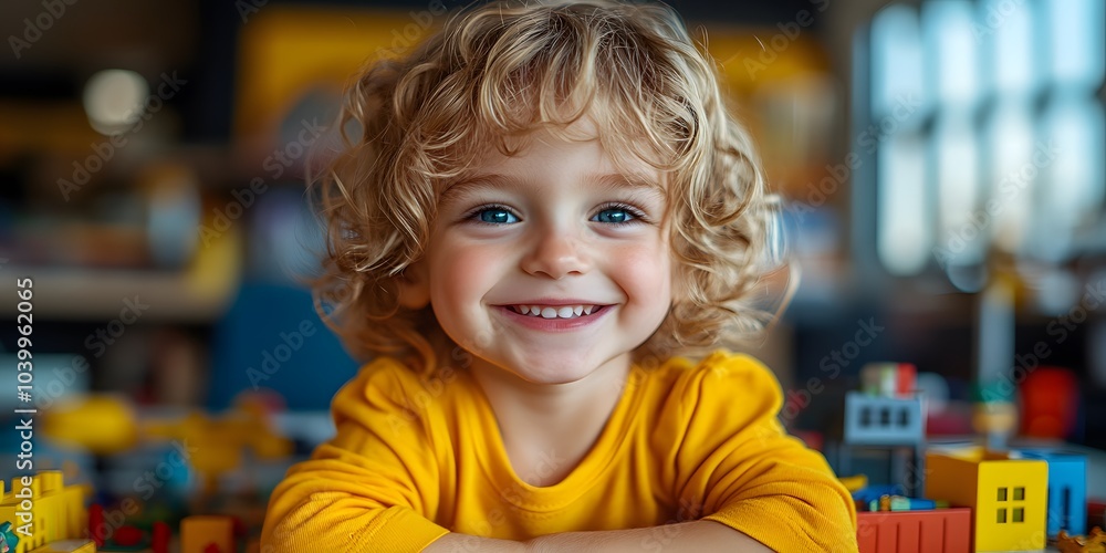 A joyful child with curly hair smiles while playing with colorful building blocks. A joyful child with curly hair smiles while playing with colorful building blocks.