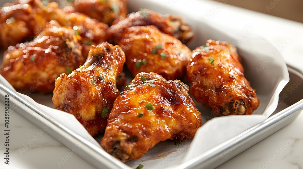 Close-up of crispy golden chicken wings in a silver serving tray with parchment lining on a white marble countertop, featuring steam, soft lighting, and an appetizing gourmet presentation. Close-up of crispy golden chicken wings in a silver serving tray with parchment lining on a white marble countertop, featuring steam, soft lighting, and an appetizing gourmet presentation.