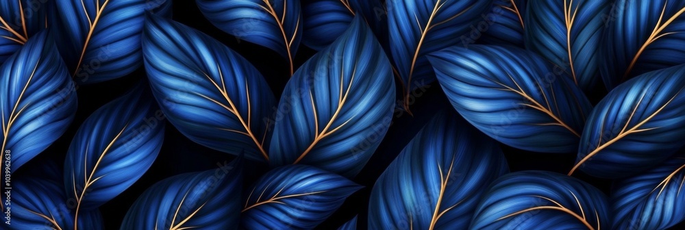 Close-up of diverse blue leaves with unique shapes, textures, and gold accents on dark background, exuding peaceful, serene vibe. Close-up of diverse blue leaves with unique shapes, textures, and gold accents on dark background, exuding peaceful, serene vibe.
