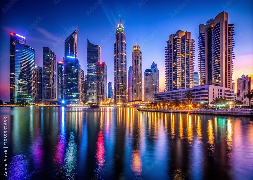 Obraz premium Evening Views of Dubai Marina at Dusk - Stunning 4K Quality Footage of Iconic Skyscrapers and Reflections on