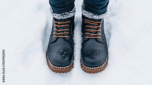 Stylish winter boots with fur lining, model stepping through fresh snow, close-up of textured soles, winter fashion, boots, style photo