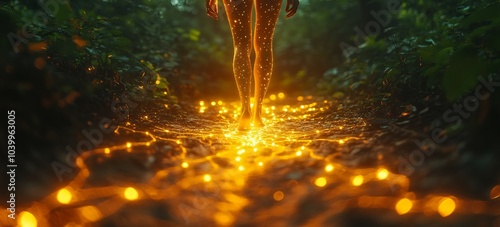 Closeup of someone standing barefoot a forest path surrounded by glowing energy lines to emphasize grounding and the natural connection between human biology and earth elements