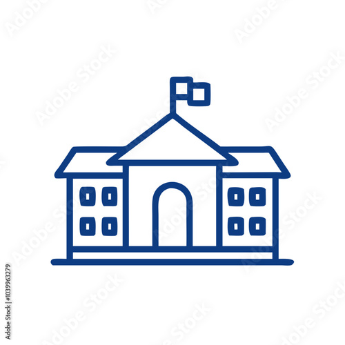 Blue vector school building icon with flag and windows