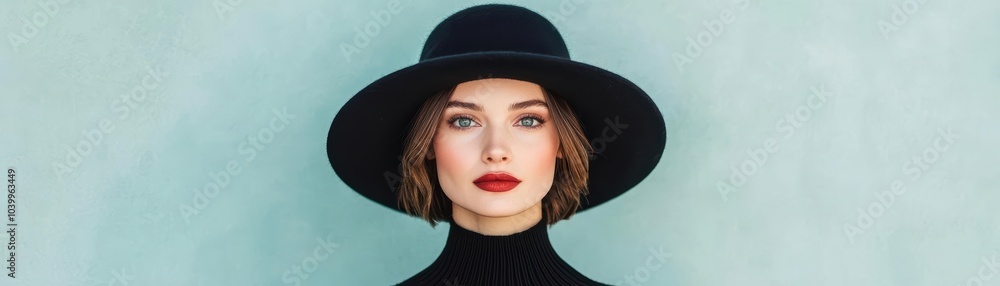 Elegant wide-brimmed winter hat, worn by a sophisticated model in a luxury winter setting, winter fashion, hat, elegant Elegant wide-brimmed winter hat, worn by a sophisticated model in a luxury winter setting, winter fashion, hat, elegant