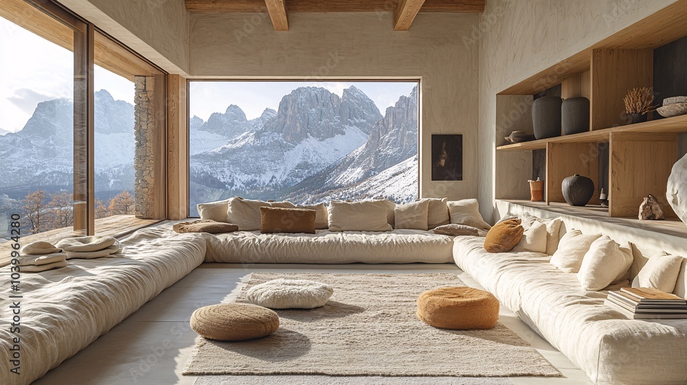 Cozy Beige Living Room with Plush Couch and Scenic View Cozy Beige Living Room with Plush Couch and Scenic View