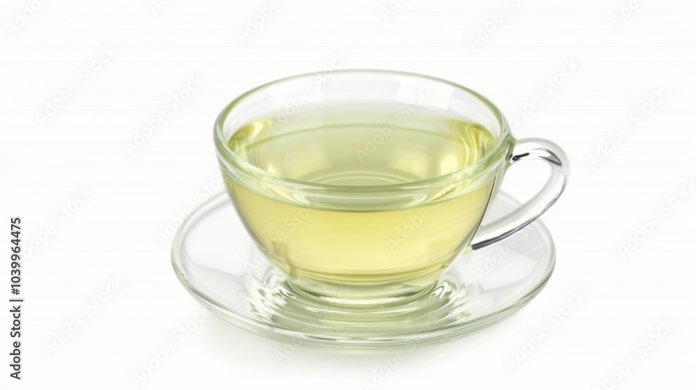 Clear cup with a saucer sits on a white background Clear cup with a saucer sits on a white background
