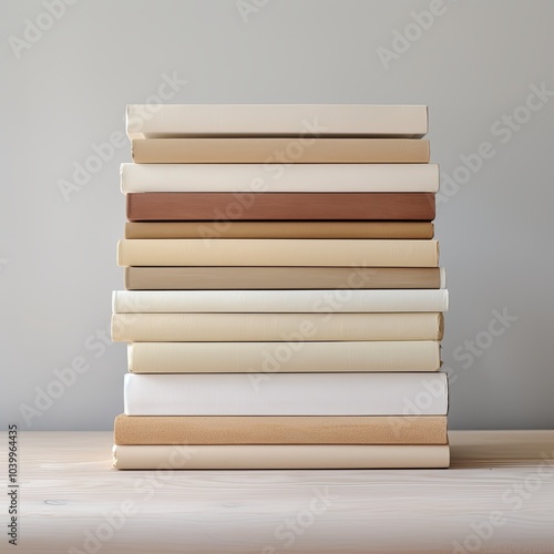 Stack of neutral-colored books in soft light. Minimalist still life photography.
