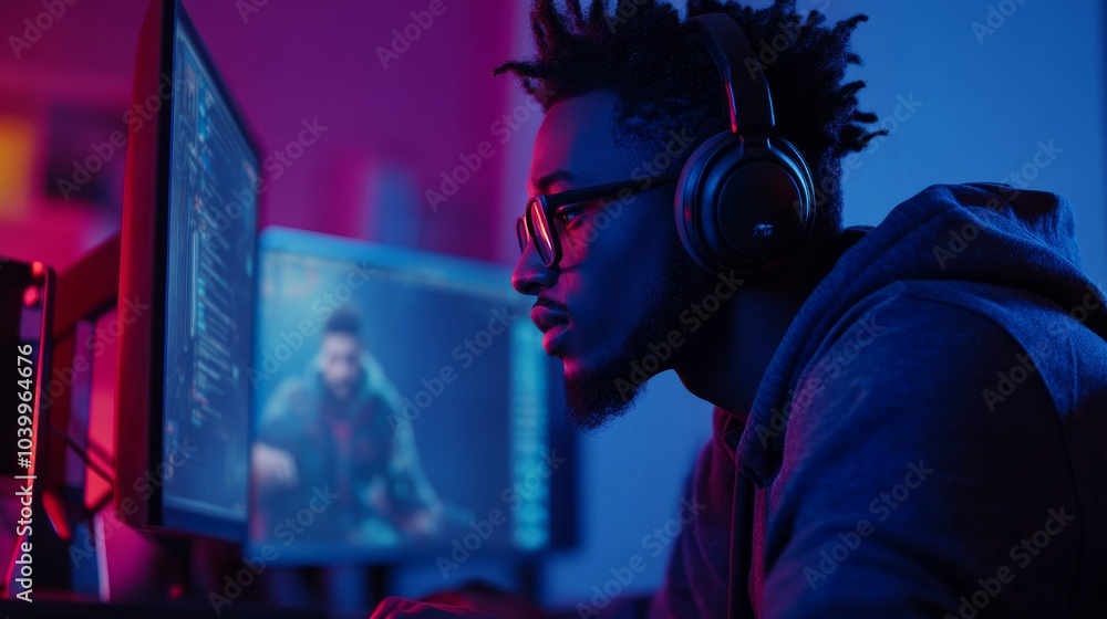 Playing online video games on a high-end computer while wearing headphones is a common sight in home gaming. A fashionable black male gamer is having fun in an online multiplayer PvP strategy arcade. Playing online video games on a high-end computer while wearing headphones is a common sight in home gaming. A fashionable black male gamer is having fun in an online multiplayer PvP strategy arcade.