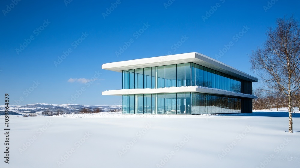 Modern glass house in a snowy landscape, showcasing minimalist architecture and serene surroundings. Modern glass house in a snowy landscape, showcasing minimalist architecture and serene surroundings.