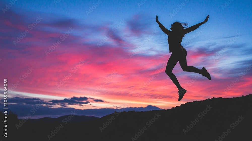 A silhouette of a person leaping into the air against a vibrant sunset sky symbolizing joy and optimism Stock Photo with side copy space A silhouette of a person leaping into the air against a vibrant sunset sky symbolizing joy and optimism Stock Photo with side copy space