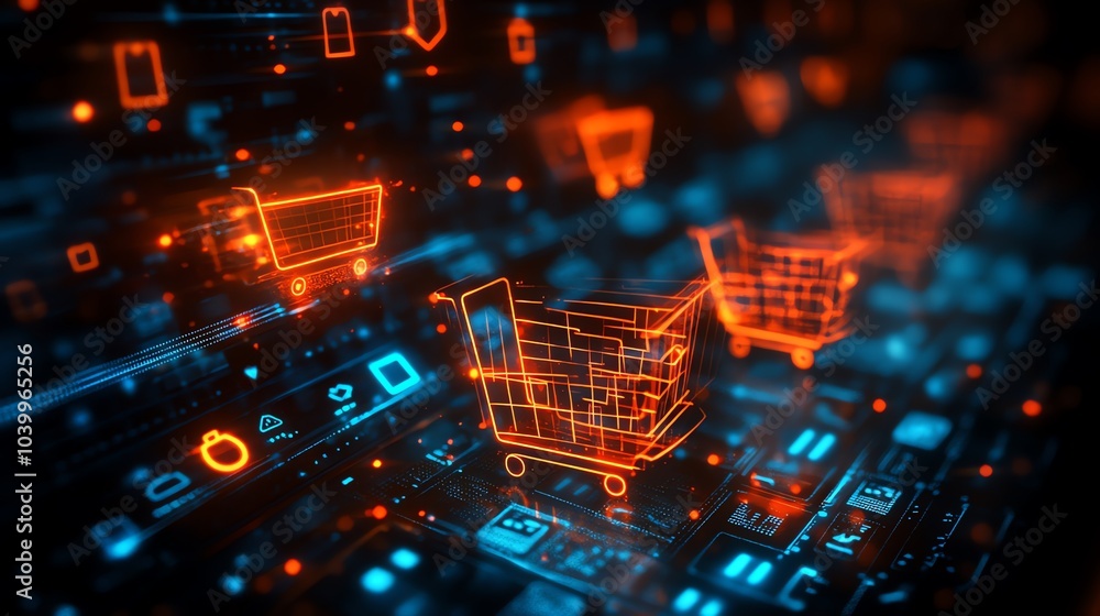 Abstract digital shopping cart icons on a glowing futuristic background. Abstract digital shopping cart icons on a glowing futuristic background.
