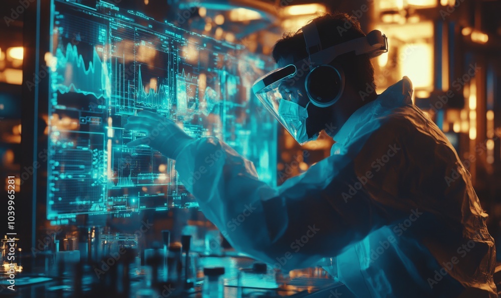 science doctor in metaverse researching and working on futuristic 3d digital screen. Future, innovation and researcher in vr headset busy in a laboratory with medical science doctor in metaverse researching and working on futuristic 3d digital screen. Future, innovation and researcher in vr headset busy in a laboratory with medical