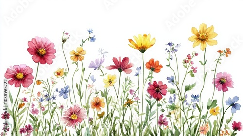 Wallpaper Mural charming summer meadow bursting with whimsical watercolor flowers, creating a delightful border effect against a crisp white background, perfect for greeting cards and floral-themed designs Torontodigital.ca