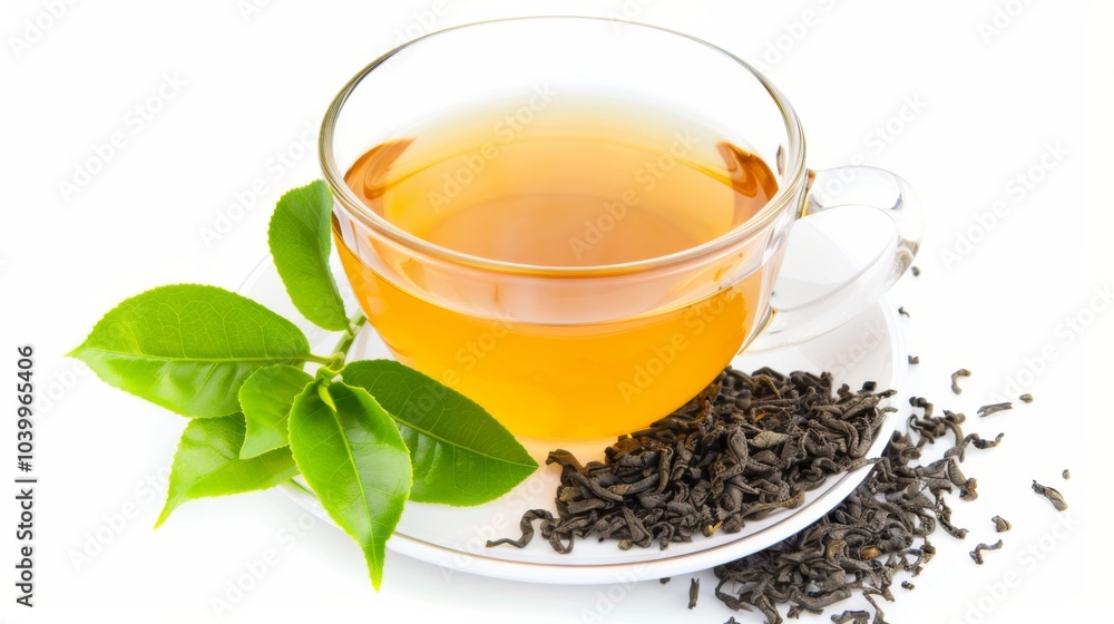 Cup of tea with a green leaf on top Cup of tea with a green leaf on top