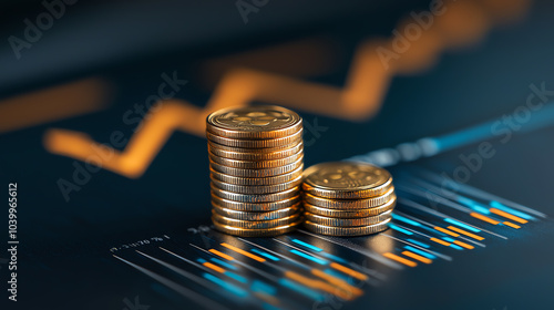 Stacks of coins on a financial chart, symbolizing wealth growth and investment progress in a modern economic environment.