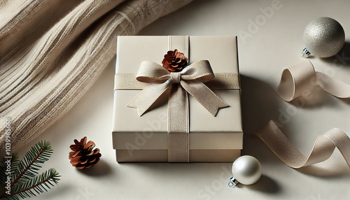 Minimalist Christmas gift box wrapped in plain paper with a ribbon and no text, ideal for seasonal promotions and custom branding. AI-generated