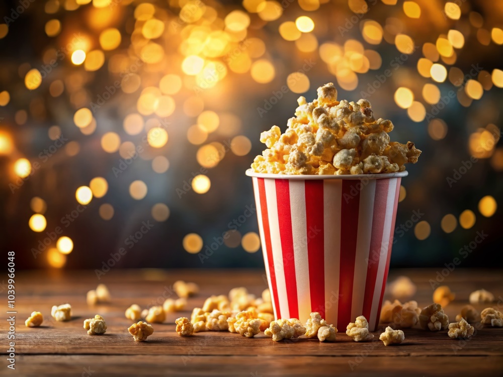 Falling Popcorn Grains in Red and White Striped Bucket – Movie Snack Delight Falling Popcorn Grains in Red and White Striped Bucket – Movie Snack Delight