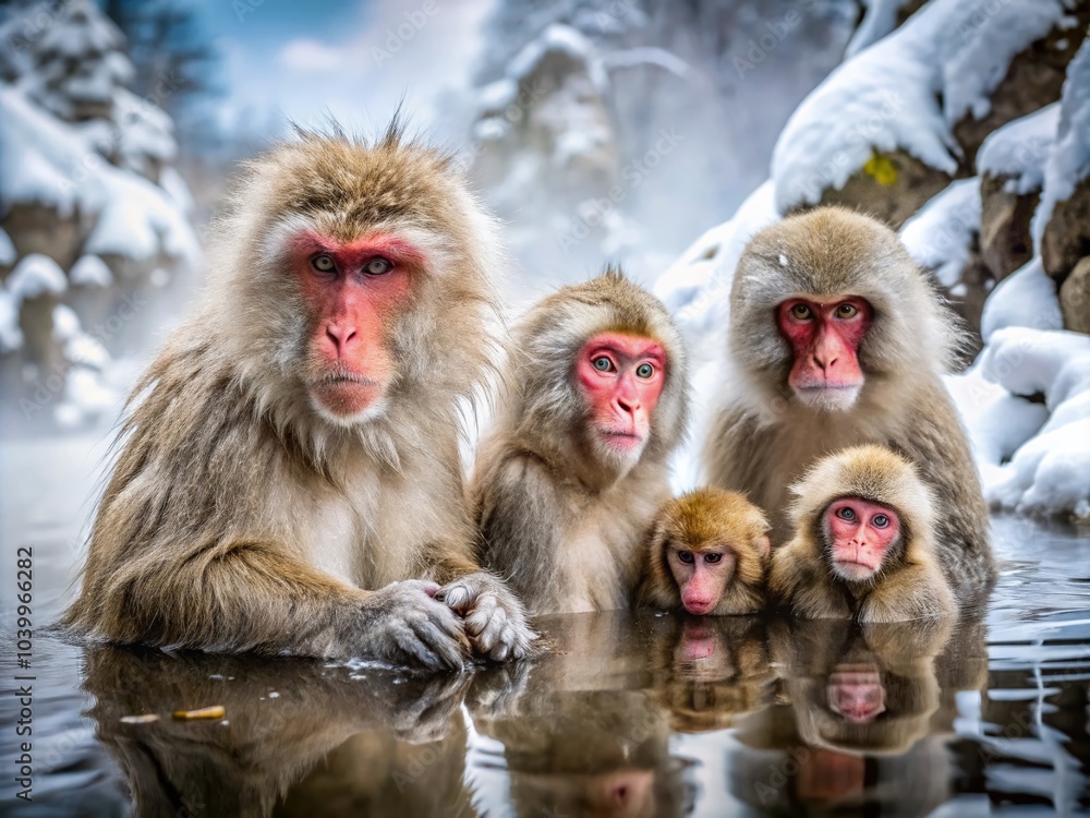 Naklejka premium Family of Japanese Macaques Relaxing in Jigokudani Hot Springs Amidst Snowy Landscape