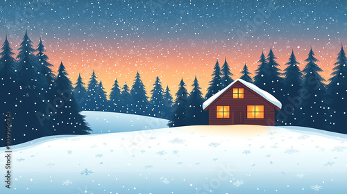 Cozy winter cabin nestled in a snowy forest glade, with a warm glow emanating from its windows. Vector flat minimalistic isolated illustration.