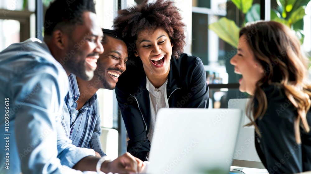 Group of people are laughing and smiling at a laptop Group of people are laughing and smiling at a laptop