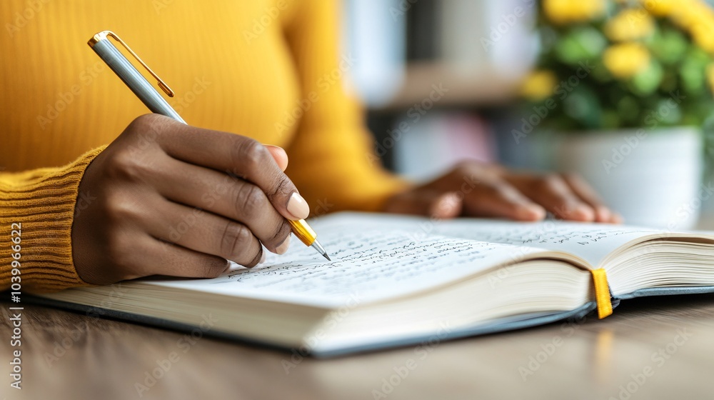 A close-up of a person writing in a journal with inspiring thoughts symbolizing a hopeful mindset and planning for success Stock Photo with side copy space A close-up of a person writing in a journal with inspiring thoughts symbolizing a hopeful mindset and planning for success Stock Photo with side copy space