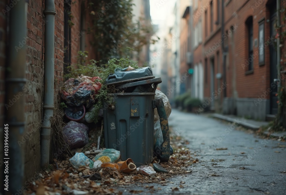 Fototapeta premium Narrow Alleyway with Overflowing Trash Bin and Debris