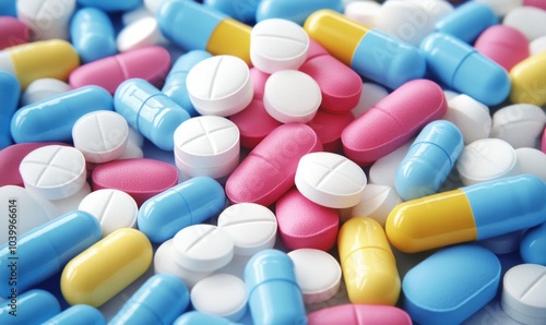 a pile of multicolored pills sitting on top of a pile of white and blue pills on top of each other