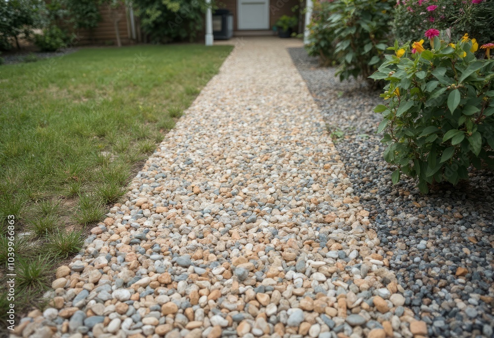 Garden Pathway of Pebbles Leading to Wooden Door Garden Pathway of Pebbles Leading to Wooden Door